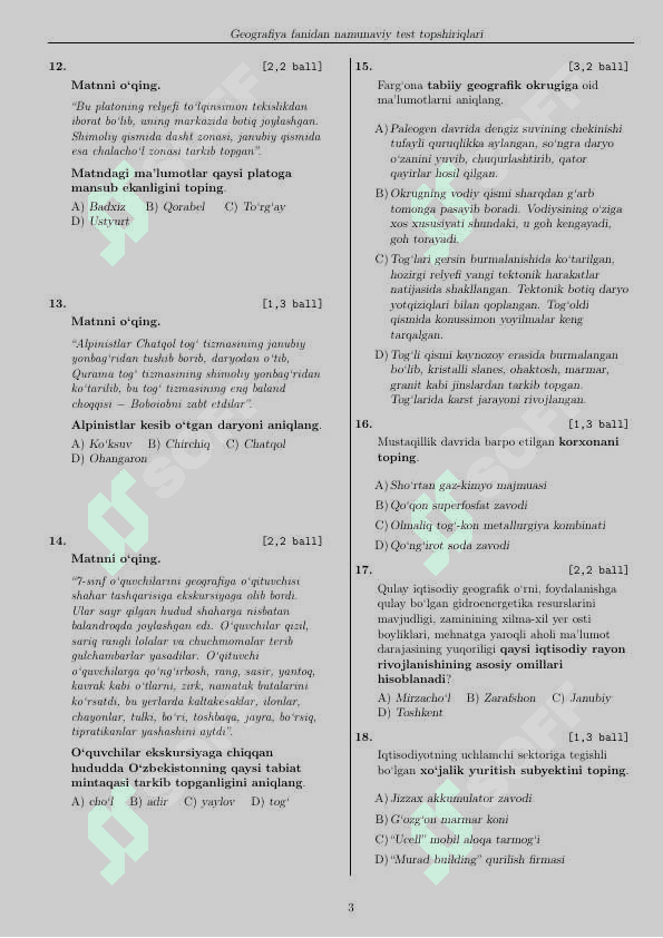 Geografiya fanidan namunaviy test savollari 3