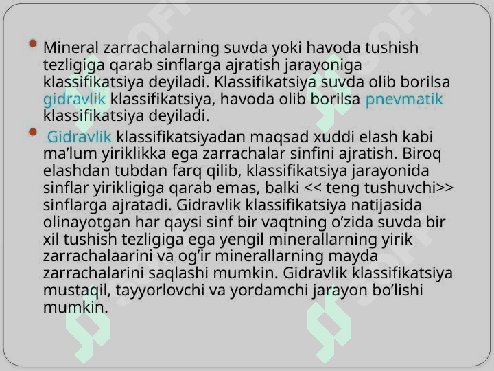 Mineral zarrachalarni sinflarga ajratish jarayoni va dastgohlari 4