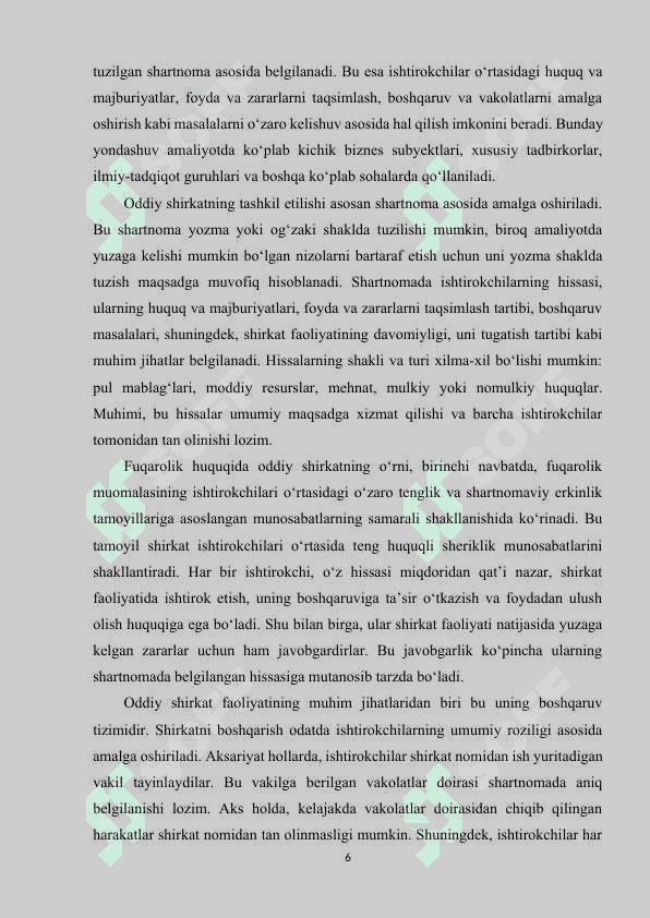 ODDIY SHIRKAT TUSHUNCHASI HUQUQIY BELGILARI VA UNING O‘ZIGA XOS XUSUSIYATLARI 6