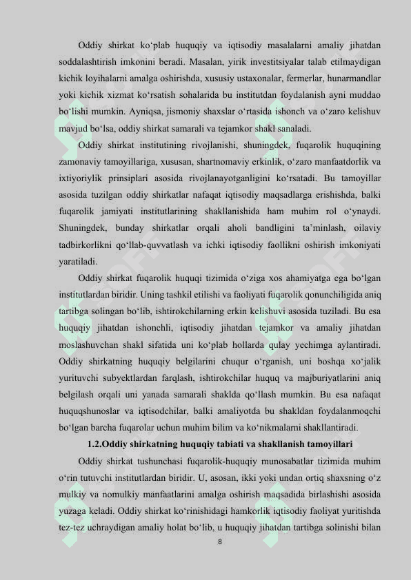 ODDIY SHIRKAT TUSHUNCHASI HUQUQIY BELGILARI VA UNING O‘ZIGA XOS XUSUSIYATLARI 8