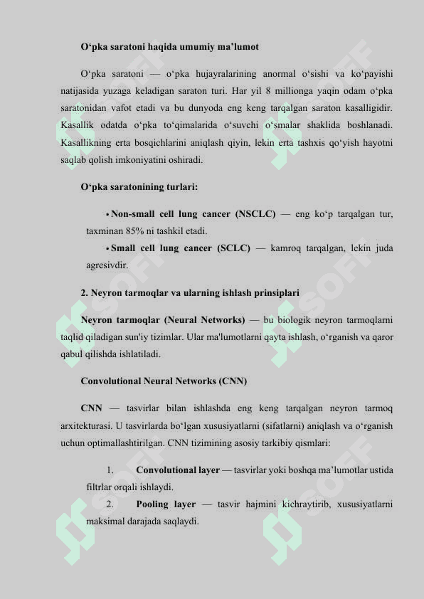 NEYRON TARMOQLAR ASOSIDA OʻPKA SARATONI KASALLIGINI ANIQLASH DASTURINI ISHLAB CHIQISH. 2