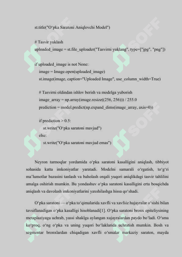 NEYRON TARMOQLAR ASOSIDA OʻPKA SARATONI KASALLIGINI ANIQLASH DASTURINI ISHLAB CHIQISH. 6