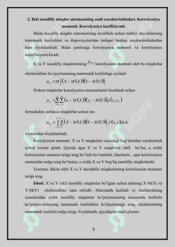 Korrelatsiya koeffitsenti va yuqori tartibli momentlar 8