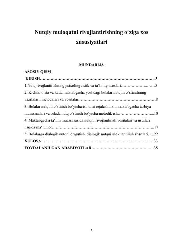 Nutqiy muloqatni rivojlantirishning o`ziga xos xususiyatlari