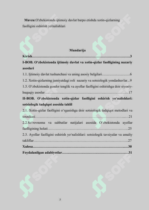O'zbekistonda ijtimoiy davlat barpo etishda xotin-qizlarning faolligini oshirish yo'nalishlari kurs ishi 2