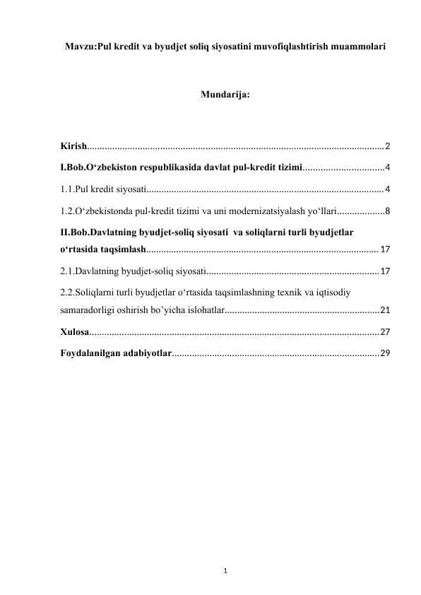 Pul kredit va byudjet soliq siyosatini muvofiqlashtirish muammolari