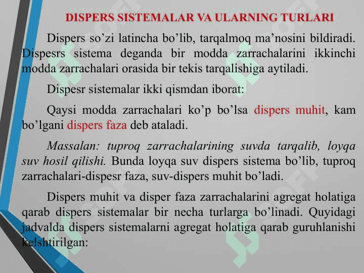 Kolloid kimyo. Dispers sistemalar. Kolloid eritmalarni olinishi va tozalash usullari 3