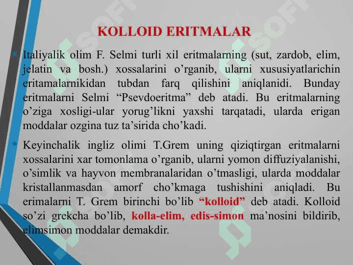 Kolloid kimyo. Dispers sistemalar. Kolloid eritmalarni olinishi va tozalash usullari 7