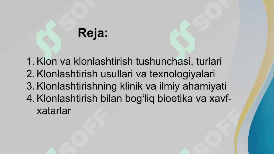 Klonlar, klonlashtirish, klinik ahamiyati . Biokimyo 2