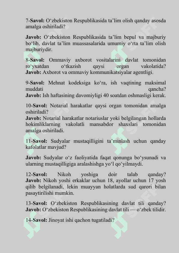 O‘ZBEKISTON RESPUBLIKASI MILLIY QONUNCHILIGIGA DOIR ENG MUHIM 100 SAVOL-JAVOBLAR 2