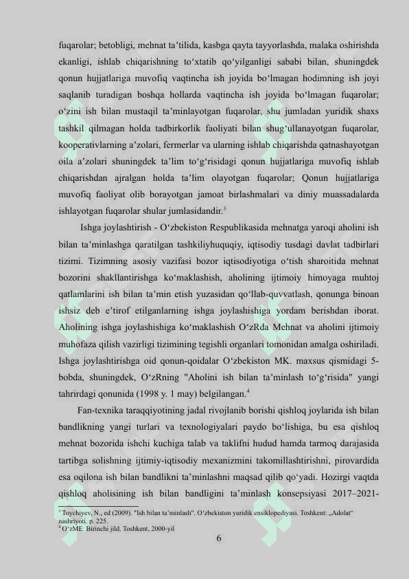 QISHLOQ JOYLARDA MEHNAT BOZORINI DAVLAT TOMONIDAN TARTIBGA SOLISH VA AHOLI BANDLIGINI TA’MINLASH MEXANIZMINI TAKOMILLASHTIRISH 6