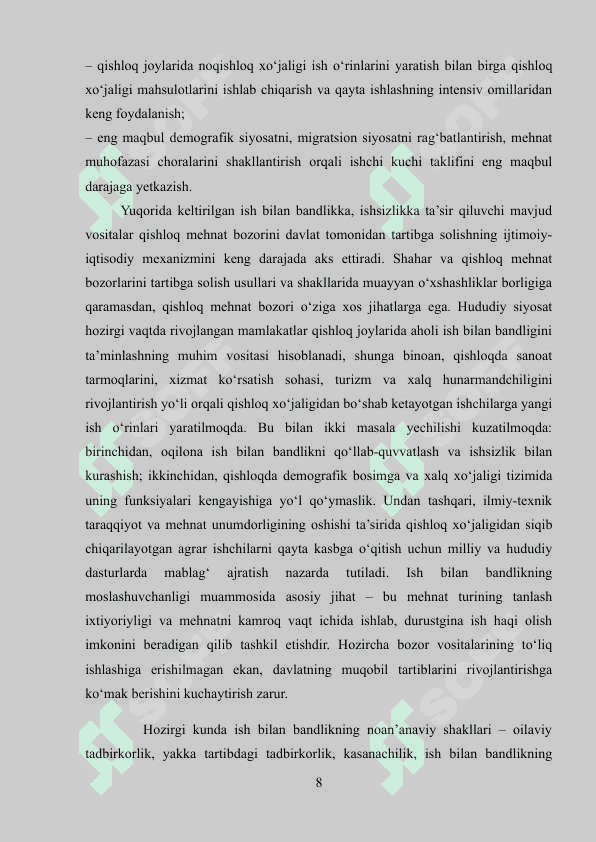 QISHLOQ JOYLARDA MEHNAT BOZORINI DAVLAT TOMONIDAN TARTIBGA SOLISH VA AHOLI BANDLIGINI TA’MINLASH MEXANIZMINI TAKOMILLASHTIRISH 8