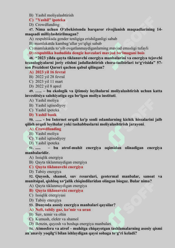yashil Iqtisodiyot yakuniy test javoblari ( ba'za) 7