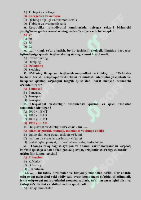 yashil Iqtisodiyot yakuniy test javoblari ( ba'za) 8