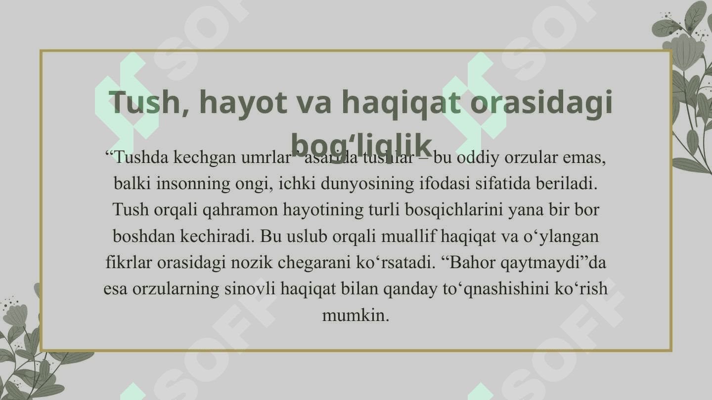 O'.Hoshimov. "Bahor qatymaydi", "Tushda kechgan umrlar" 4