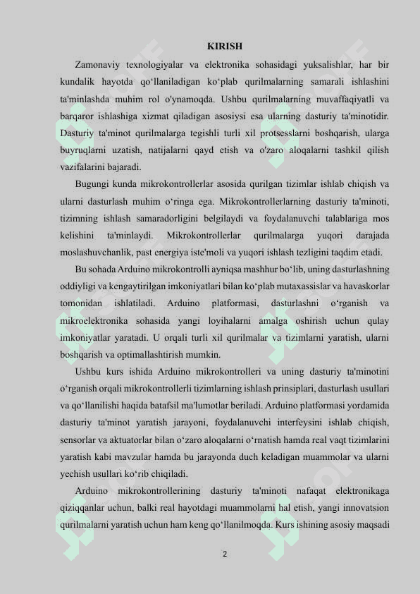 QURILMALARNING DASTURIY TA'MINOTI. ARDUINO MIKROKONTROLLERI 2