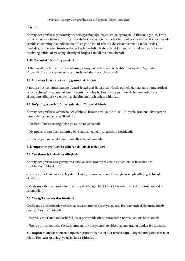 Kompyuter grafikasida differensial hisob tatbiqlari