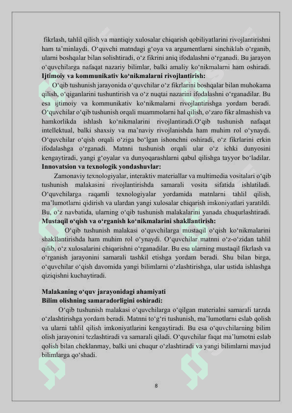ona tili darslarida o'quvhcilarning o'qib tushunish malakasini oshirish 8