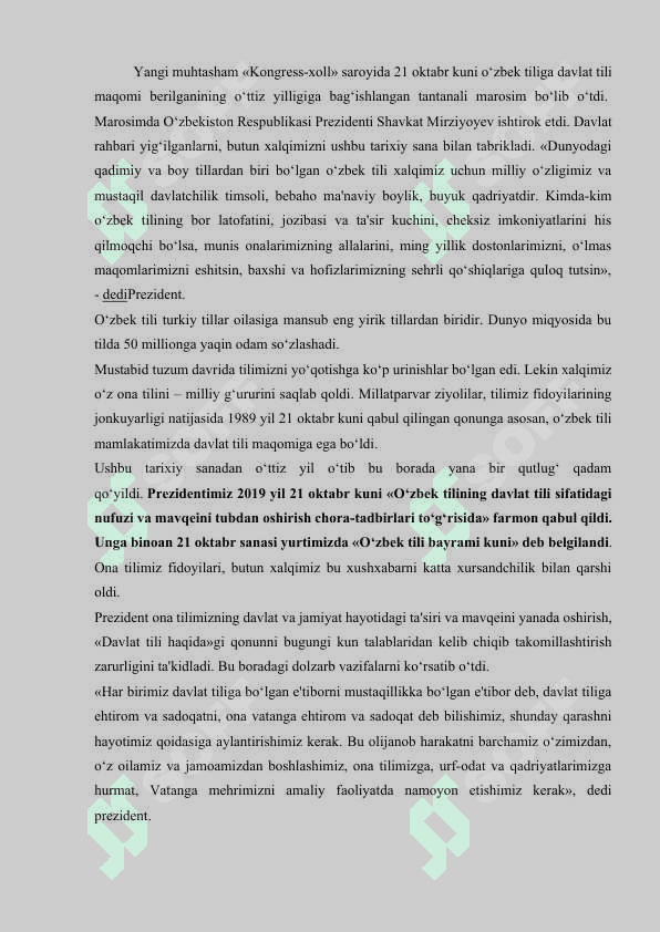 O‘zbekiston Respublikasi Prezidenti Sh.M.Mirziyoyevning O‘zbek tilining davlat tili 2