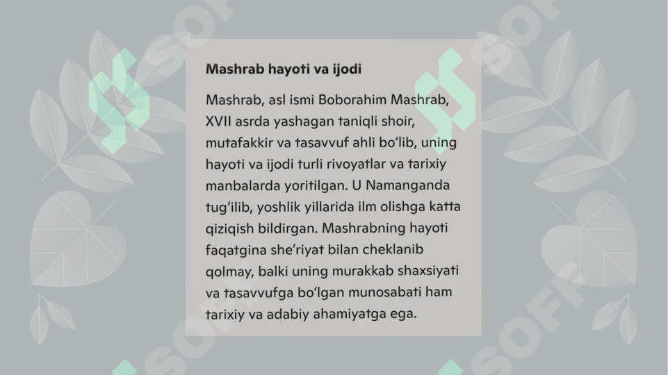 Qissayi Mashrab da Mashrab shaxsini yorituvchi rivoyatlarning  tahlili 6
