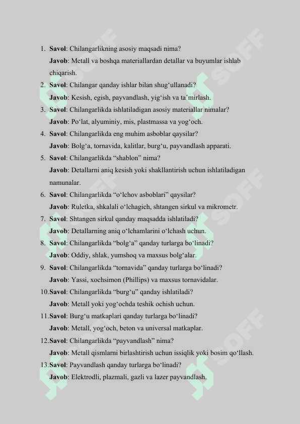CHILANGARLIK FANIDAN KASBIY-AMALIY IMTIHON TEST 2