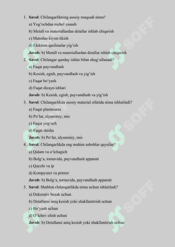 CHILANGARLIK FANIDAN 150TA TEST SAVOLLARI 2