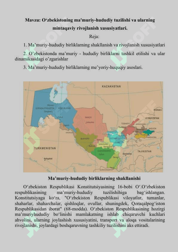 O‘zbekistoning ma'muriy-hududiy tuzilishi va ularning mintaqaviy rivojlanish xususiyatlari. 2