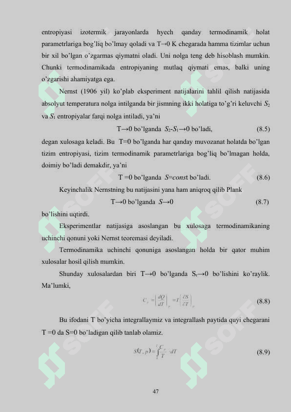 Entropiyaning o‘sish qonuni.  Termodinamikaning uchinchi bosh qonuni. Nernst teorimasi 4
