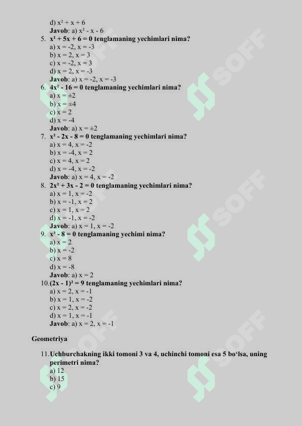 MATEMATIKA    FANIDAN MAVZULASHGAN  150 TA TEST 3
