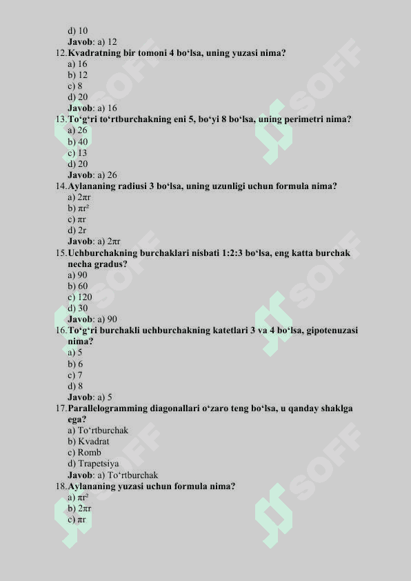 MATEMATIKA    FANIDAN MAVZULASHGAN  150 TA TEST 4