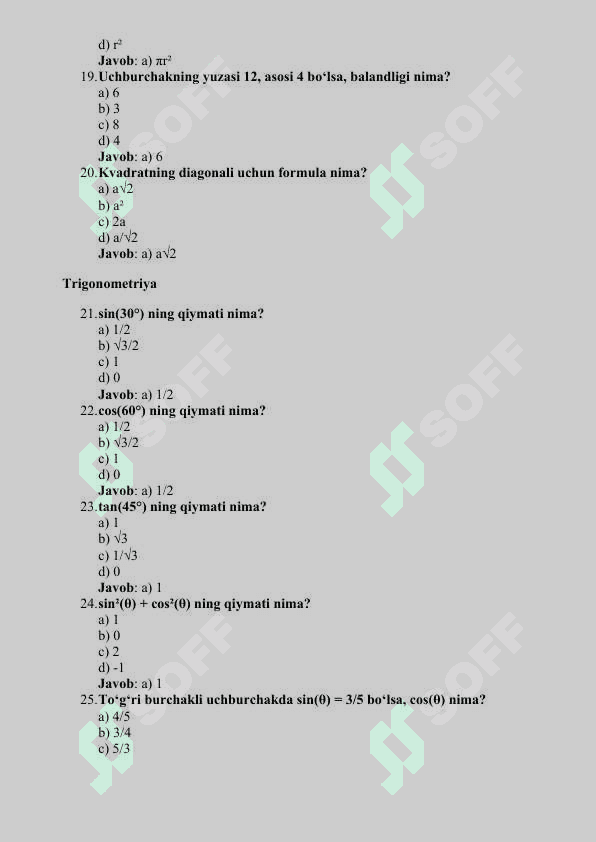 MATEMATIKA    FANIDAN MAVZULASHGAN  150 TA TEST 5