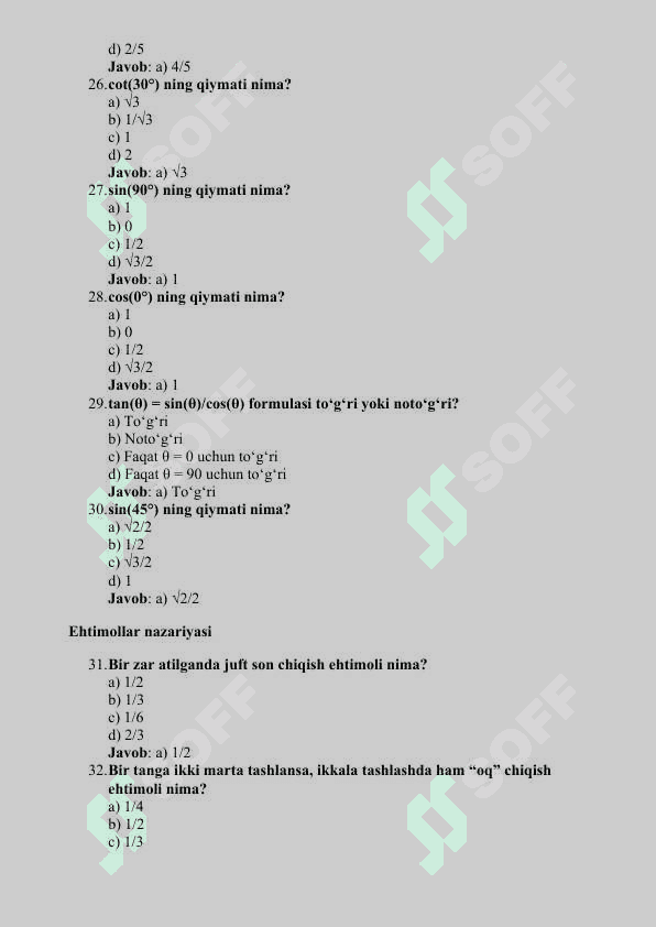 MATEMATIKA    FANIDAN MAVZULASHGAN  150 TA TEST 6