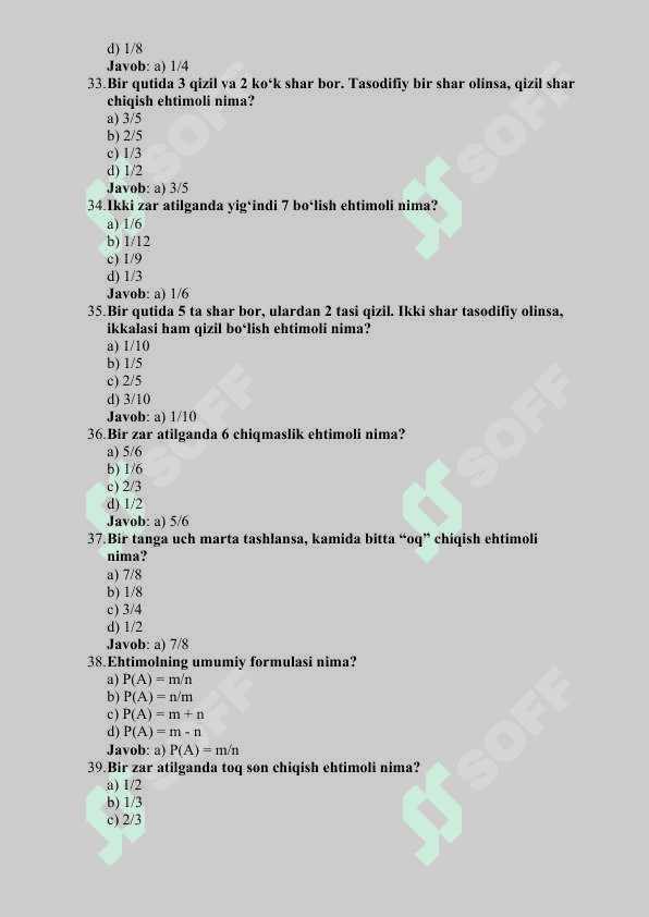 MATEMATIKA    FANIDAN MAVZULASHGAN  150 TA TEST 7
