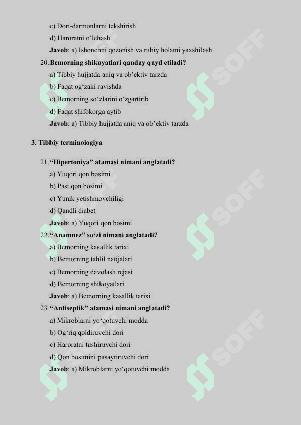 TIBBIYOT KASBIGA KIRISH FANIDAN 100 TA TEST 6