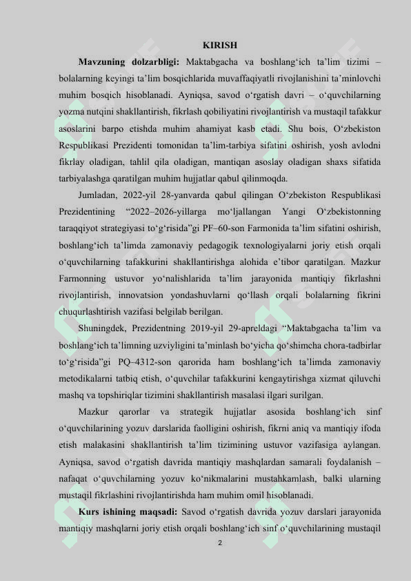 Savod o‘rgatish davrida yozuv darslarida mantiqiy mashqlarni tashkil etish. 2