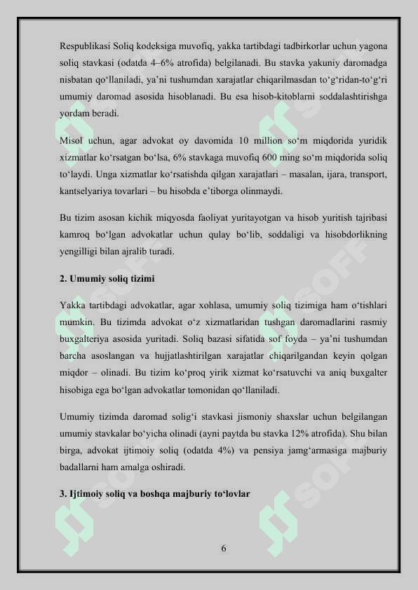 Advokatlar hay`atlariga, advokatlik firmalariga, advokatlik byurolariga va advokatlarga soliq solishning o'ziga xos xususiyatlari 6