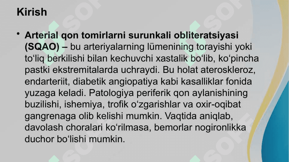 Arterial qon tomirlarni surunkali obliteratsiyasida zamonaviy davolash usullari 2