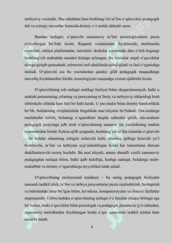 BOSHLANGʻICH SINF OʻQITUVCHILARIGA  QO‘YILADIGAN MALAKA  TALABLARI 8