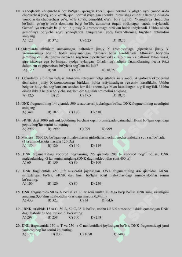 BIOLOGIYADAN MASALALAR//TEST//. 2