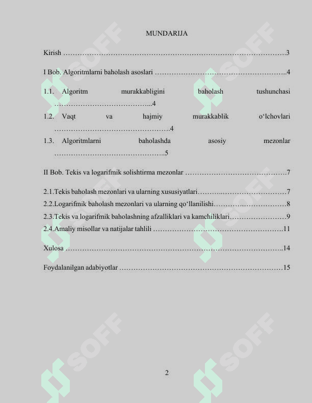 Algoritmlarni vaqt va hajmiy murakkabligini baholashda tekis va logarifmik solishtirma mezonlar 2