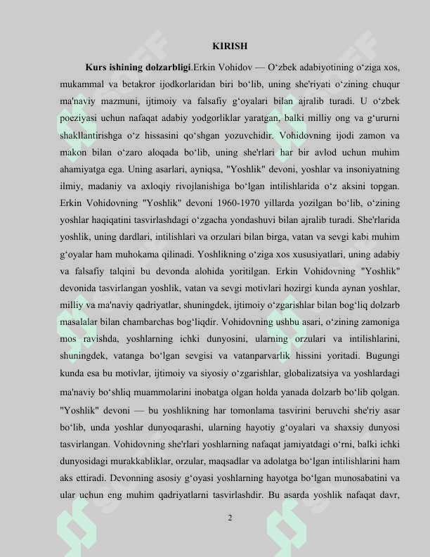 ERKIN VOHIDOVNING "YOSHLIK" DEVONIDA YOSHLIK , VATAN VA SEVGI MOTIVLARI TALQINI 2