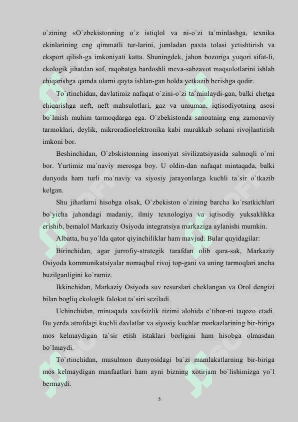 O‘zbekiston Respublikasi tashqi siyosatining asosiy yo’nalishlari 5