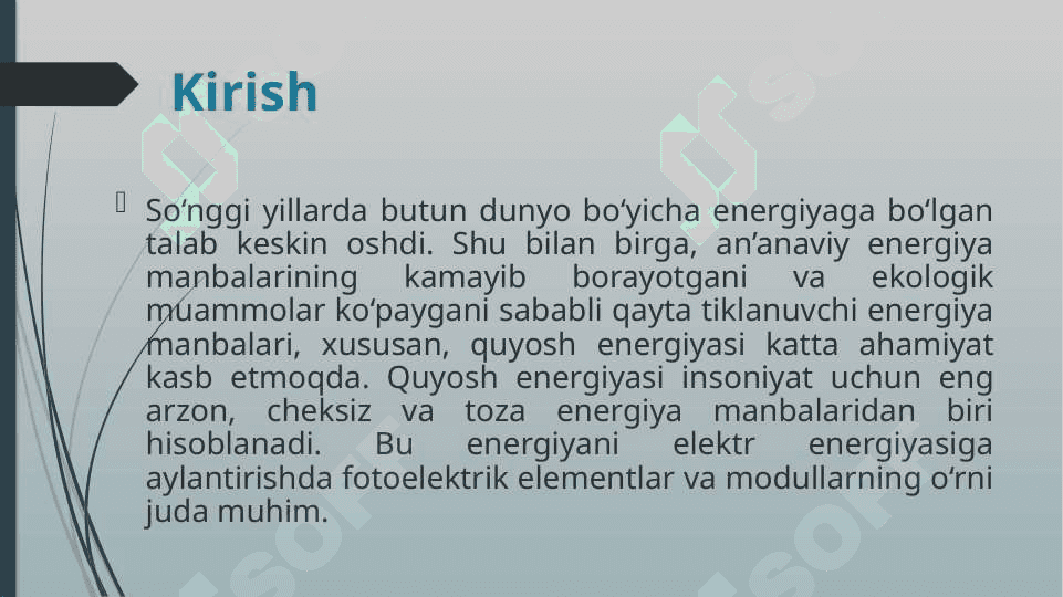 QUYOSH FOTOELEKTRIK ELEMENTLARI VA MODULLARI 2