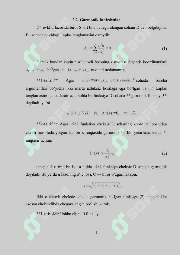 LAPLAS TENGLAMASINING FUNDAMENTAL YECHIMI. GARMONIK FUNKSIYALAR. Math type formulalar bilan 7