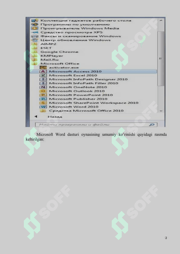Microsoft Word - matn muharririda ishlash. Microsoft Word dasturini ishga tushirish. 2