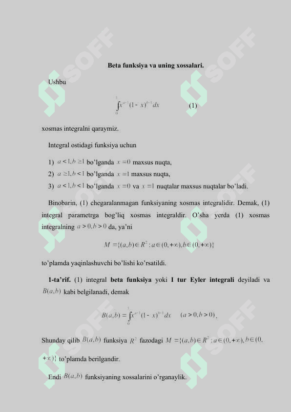 Beta va Gamma funksiya hamda ularning xossalari, ular orasidagi bog’lanish va misollar yechimi 2