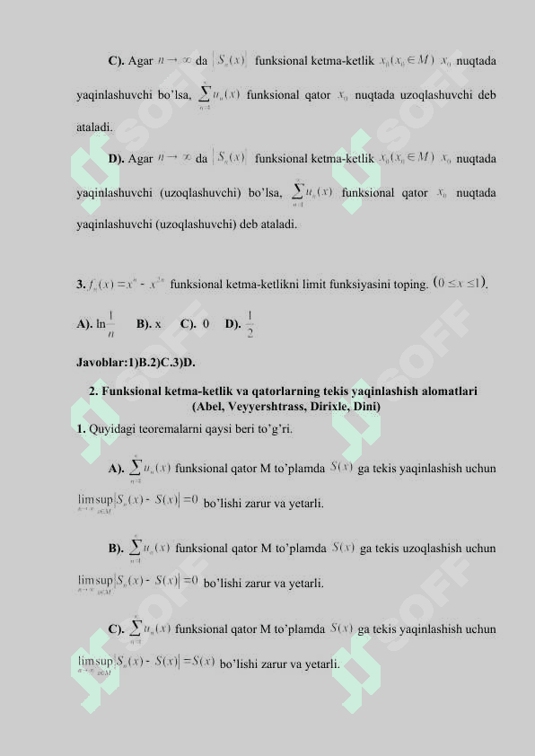 Funksional ketma-ketliklar va qatorlar matanalizdan testlar va javoblari 2