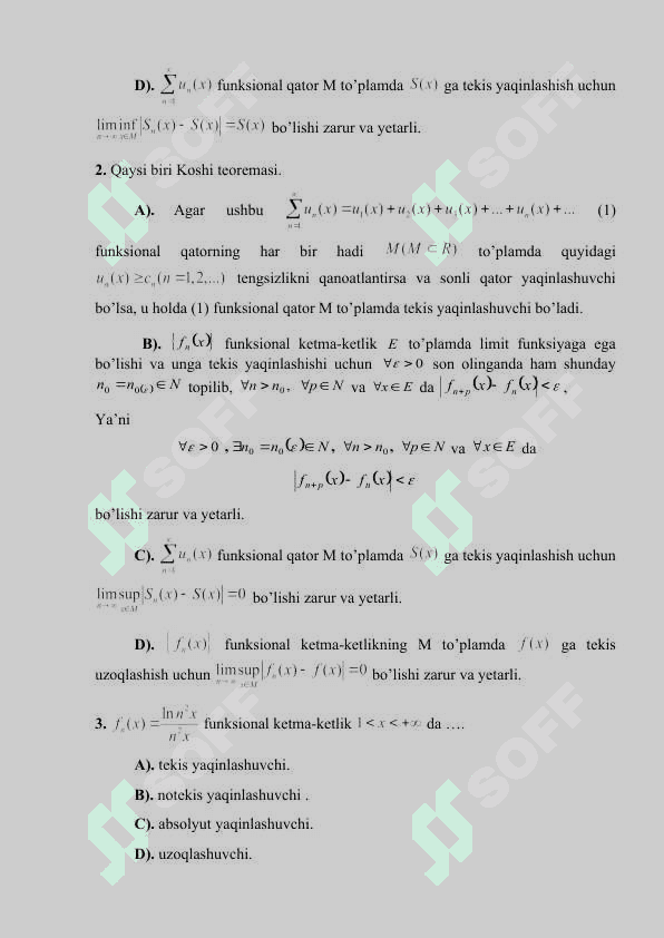 Funksional ketma-ketliklar va qatorlar matanalizdan testlar va javoblari 3