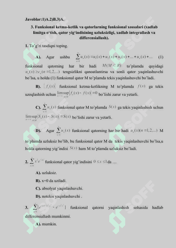Funksional ketma-ketliklar va qatorlar matanalizdan testlar va javoblari 4