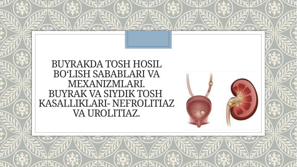 Buyrakda tosh hosil bo‘lish sabablari va mexanizmlari.BUYRAK VA SIYDIK TOSH  KASALLIKLARI- NEFROLITIAZ VA UROLITIAZ.